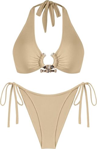 seamoly Women Two Piece Bikinis Set Metal Ring Bathing Suit Halter Neck Cheeky High Cut Thong Swimsuit in Saudi Arabia