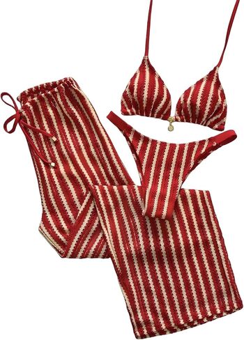 QJQ Women's 3 Piece Swimsuits Stripe Bikini Sets Boho Halter Bathing Suit Swim Pants High Cut Cute Cheeky Swimwear in Saudi Arabia