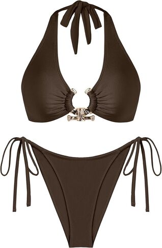 seamoly Women Two Piece Bikinis Set Metal Ring Bathing Suit Halter Neck Cheeky High Cut Thong Swimsuit in Saudi Arabia