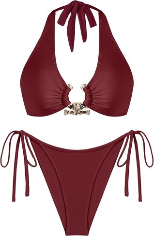 seamoly Women Two Piece Bikinis Set Metal Ring Bathing Suit Halter Neck Cheeky High Cut Thong Swimsuit in Saudi Arabia