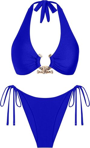 seamoly Women Two Piece Bikinis Set Metal Ring Bathing Suit Halter Neck Cheeky High Cut Thong Swimsuit in Saudi Arabia