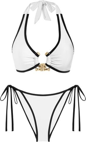 seamoly Women Two Piece Bikinis Set Metal Ring Bathing Suit Halter Neck Cheeky High Cut Thong Swimsuit in Saudi Arabia