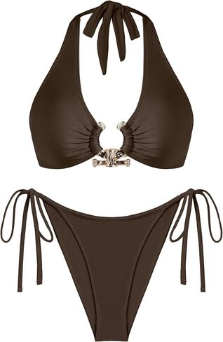 seamoly Women Two Piece Bikinis Set Metal Ring Bathing Suit Halter Neck Cheeky High Cut Thong Swimsuit in Saudi Arabia