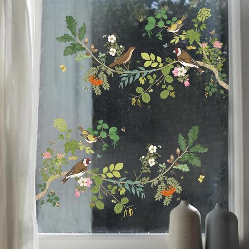 Stained Double Sided Window Decals Vibrant Color Garden Birds Floral Glass Door Mirror Static Cling Decor for Renter Home Store Office Classroom in Saudi Arabia