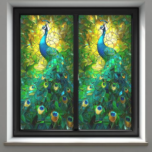 غشاء نافذة بلوري ثابت، تصميم زجاجي ملون طاووس، بدون غراء، 17.5 × 39.4 بوصة للحمام والمطبخ وغرفة المعيشة والأبواب الزجاجية in Kuwait