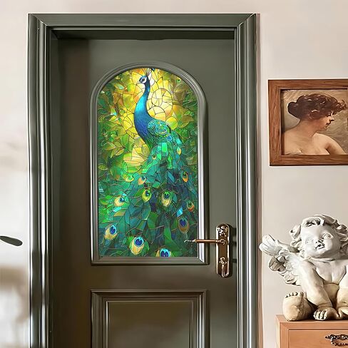 غشاء نافذة بلوري ثابت، تصميم زجاجي ملون طاووس، بدون غراء، 17.5 × 39.4 بوصة للحمام والمطبخ وغرفة المعيشة والأبواب الزجاجية in Kuwait