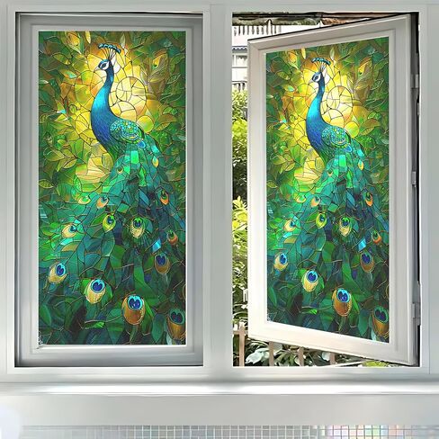 غشاء نافذة بلوري ثابت، تصميم زجاجي ملون طاووس، بدون غراء، 17.5 × 39.4 بوصة للحمام والمطبخ وغرفة المعيشة والأبواب الزجاجية in Kuwait