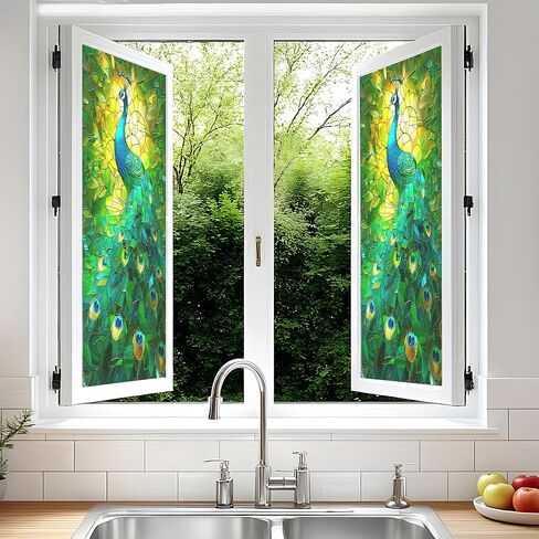 غشاء نافذة بلوري ثابت، تصميم زجاجي ملون طاووس، بدون غراء، 17.5 × 39.4 بوصة للحمام والمطبخ وغرفة المعيشة والأبواب الزجاجية in Kuwait