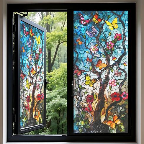غشاء نافذة بلوري ثابت، تصميم زجاجي ملون طاووس، بدون غراء، 17.5 × 39.4 بوصة للحمام والمطبخ وغرفة المعيشة والأبواب الزجاجية in Kuwait