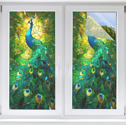 غشاء نافذة بلوري ثابت، تصميم زجاجي ملون طاووس، بدون غراء، 17.5 × 39.4 بوصة للحمام والمطبخ وغرفة المعيشة والأبواب الزجاجية in Kuwait