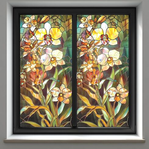 غشاء نافذة بلوري ثابت، تصميم زجاجي ملون طاووس، بدون غراء، 17.5 × 39.4 بوصة للحمام والمطبخ وغرفة المعيشة والأبواب الزجاجية in Kuwait