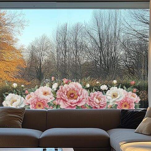 1Set Waterproof PVC Window Film Static Stickers, Peony and Trees Pattern Window Decals, Removable Autumn-Themed Wall Decal Decor for Home Office Party Supplies, 11.81x47.24inch in Kuwait