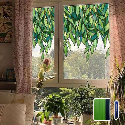 Original Hand Drawn Faux Stained Glass Window Hanging Clings with Tools，Double Sided See Through Green Leaves Window Film for Living Room,Glass Front Door, Emerald Leaves Sticker 16.93"X45.28" in Saudi Arabia