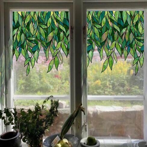 Original Hand Drawn Faux Stained Glass Window Hanging Clings with Tools，Double Sided See Through Green Leaves Window Film for Living Room,Glass Front Door, Emerald Leaves Sticker 16.93"X45.28" in Saudi Arabia