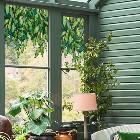Original Hand Drawn Faux Stained Glass Window Hanging Clings with Tools，Double Sided See Through Green Leaves Window Film for Living Room,Glass Front Door, Emerald Leaves Sticker 16.93"X45.28" in Saudi Arabia