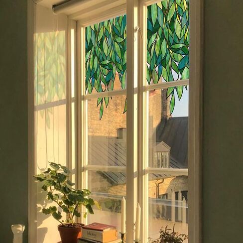Original Hand Drawn Faux Stained Glass Window Hanging Clings with Tools，Double Sided See Through Green Leaves Window Film for Living Room,Glass Front Door, Emerald Leaves Sticker 16.93"X45.28" in Saudi Arabia