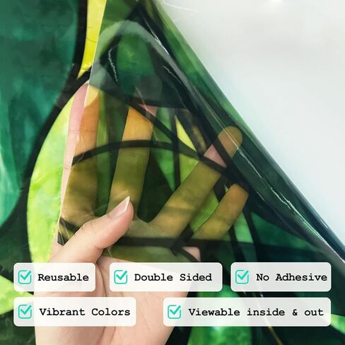 Original Hand Drawn Faux Stained Glass Window Hanging Clings with Tools，Double Sided See Through Green Leaves Window Film for Living Room,Glass Front Door, Emerald Leaves Sticker 16.93"X45.28" in Saudi Arabia
