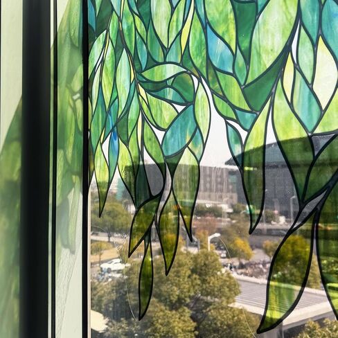 Original Hand Drawn Faux Stained Glass Window Hanging Clings with Tools，Double Sided See Through Green Leaves Window Film for Living Room,Glass Front Door, Emerald Leaves Sticker 16.93"X45.28" in Saudi Arabia