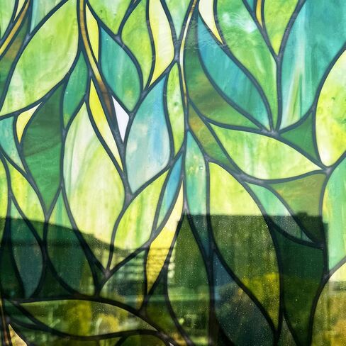 Original Hand Drawn Faux Stained Glass Window Hanging Clings with Tools，Double Sided See Through Green Leaves Window Film for Living Room,Glass Front Door, Emerald Leaves Sticker 16.93"X45.28" in Saudi Arabia