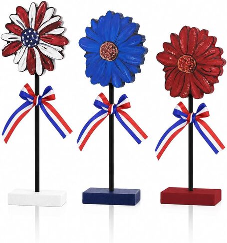 Smile Patriotic Flower Wooden Standing Decor Set, 3-Piece American Flag Themed Tiered Tray Tabletop Sign for 4th of July & Memorial Day in Saudi Arabia