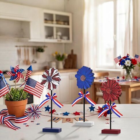 Smile Patriotic Flower Wooden Standing Decor Set, 3-Piece American Flag Themed Tiered Tray Tabletop Sign for 4th of July & Memorial Day in Saudi Arabia
