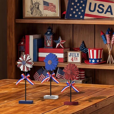 Smile Patriotic Flower Wooden Standing Decor Set, 3-Piece American Flag Themed Tiered Tray Tabletop Sign for 4th of July & Memorial Day in Saudi Arabia
