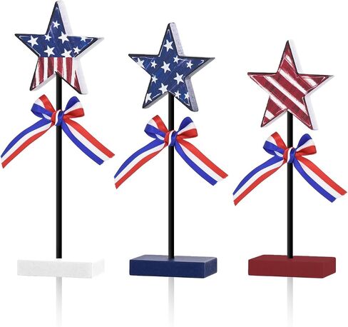 Smile Patriotic Flower Wooden Standing Decor Set, 3-Piece American Flag Themed Tiered Tray Tabletop Sign for 4th of July & Memorial Day in Saudi Arabia