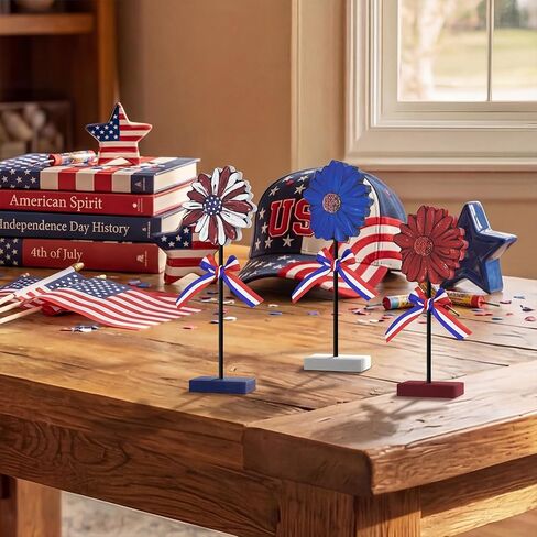 Smile Patriotic Flower Wooden Standing Decor Set, 3-Piece American Flag Themed Tiered Tray Tabletop Sign for 4th of July & Memorial Day in Saudi Arabia