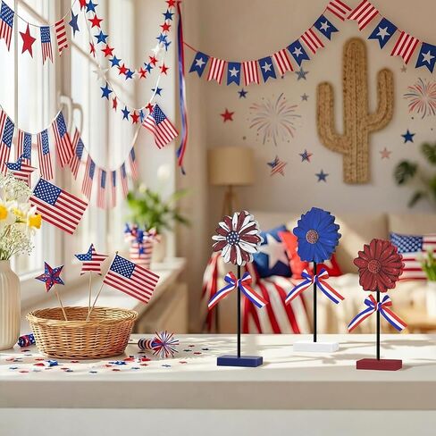Smile Patriotic Flower Wooden Standing Decor Set, 3-Piece American Flag Themed Tiered Tray Tabletop Sign for 4th of July & Memorial Day in Saudi Arabia