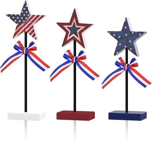 Smile Patriotic Flower Wooden Standing Decor Set, 3-Piece American Flag Themed Tiered Tray Tabletop Sign for 4th of July & Memorial Day in Saudi Arabia