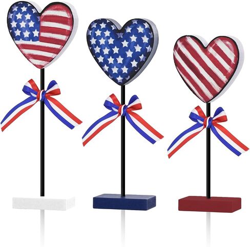 Smile Patriotic Flower Wooden Standing Decor Set, 3-Piece American Flag Themed Tiered Tray Tabletop Sign for 4th of July & Memorial Day in Saudi Arabia