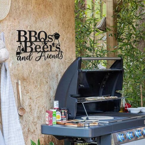 Rustic Metal BBQ Wall Art Sign - Outdoor Backyard & Patio Decor, Farmhouse Porch Sign with Vintage "BBQ, Beer, Friends" Design, Weatherproof 15.8x9.2 Inch Black Metal Barbeque Sign in Saudi Arabia