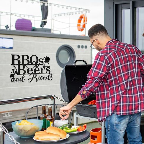Rustic Metal BBQ Wall Art Sign - Outdoor Backyard & Patio Decor, Farmhouse Porch Sign with Vintage "BBQ, Beer, Friends" Design, Weatherproof 15.8x9.2 Inch Black Metal Barbeque Sign in Saudi Arabia