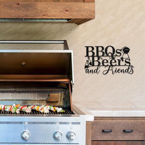Rustic Metal BBQ Wall Art Sign - Outdoor Backyard & Patio Decor, Farmhouse Porch Sign with Vintage "BBQ, Beer, Friends" Design, Weatherproof 15.8x9.2 Inch Black Metal Barbeque Sign in Saudi Arabia