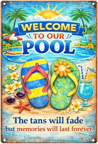 Pool Metal Sign Decor Pool Decorations Outdoor - Welcome To Our Pool, Memories Last Forever Summer Welcome Sign Poolside Backyard Deck Accessories 8x12 Inch in Saudi Arabia