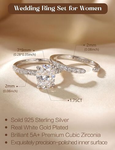milacolato 1.75ct s925 الفضة الاسترليني خاتم الزفاف مجموعة للنساء البيضاوي قطع الخطوبة وعد خواتم لها 18 كيلو الذهب الأبيض مطلي زركونيا مكعب تكويم الزفاف الخلود الفرقة خواتم مفتوحة حجم 5-10 in Kuwait