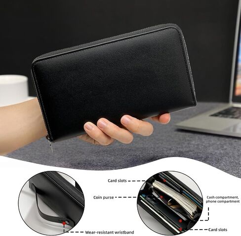 Long Wallet for Men, PU Leather Zipper Wallet with Wrist Strap, Large Capacity Travel Men Clutch Bag for Passport Checkbook Phone in Saudi Arabia