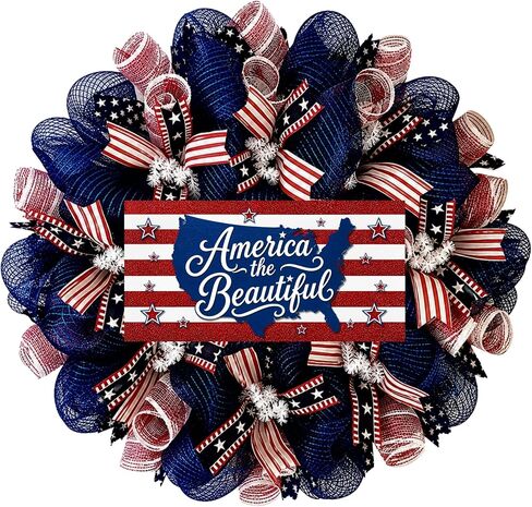 America The Beautiful Stars and Stripes Patriotic Handmade Deco Mesh Wreath Available in 24 inch and 28 inch diameters in Saudi Arabia