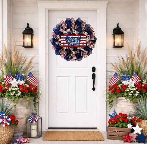 America The Beautiful Stars and Stripes Patriotic Handmade Deco Mesh Wreath Available in 24 inch and 28 inch diameters in Saudi Arabia