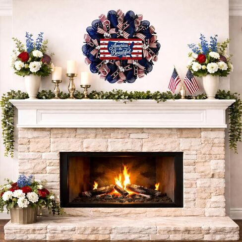 America The Beautiful Stars and Stripes Patriotic Handmade Deco Mesh Wreath Available in 24 inch and 28 inch diameters in Saudi Arabia