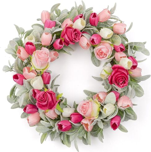 Yawwind 20 Inches Summer Wreath for Front Door Farmhouse Summer Door Wreaths Elegant Spring Floral Wreath with Tulips Rose Flocked Lambs Ear for Wall Window Porch Indoor Decor in Saudi Arabia