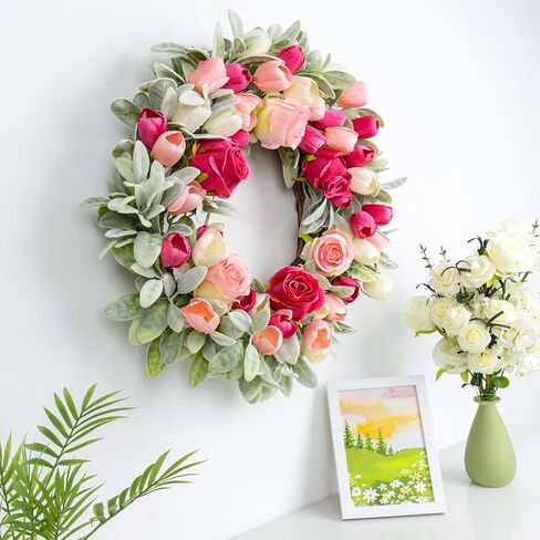 Yawwind 20 Inches Summer Wreath for Front Door Farmhouse Summer Door Wreaths Elegant Spring Floral Wreath with Tulips Rose Flocked Lambs Ear for Wall Window Porch Indoor Decor in Saudi Arabia