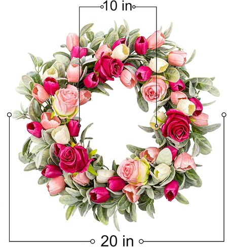 Yawwind 20 Inches Summer Wreath for Front Door Farmhouse Summer Door Wreaths Elegant Spring Floral Wreath with Tulips Rose Flocked Lambs Ear for Wall Window Porch Indoor Decor in Saudi Arabia