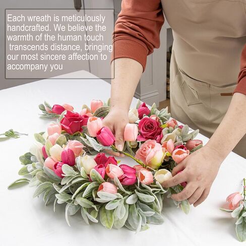 Yawwind 20 Inches Summer Wreath for Front Door Farmhouse Summer Door Wreaths Elegant Spring Floral Wreath with Tulips Rose Flocked Lambs Ear for Wall Window Porch Indoor Decor in Saudi Arabia