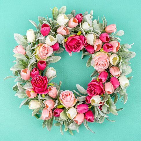 Yawwind 20 Inches Summer Wreath for Front Door Farmhouse Summer Door Wreaths Elegant Spring Floral Wreath with Tulips Rose Flocked Lambs Ear for Wall Window Porch Indoor Decor in Saudi Arabia