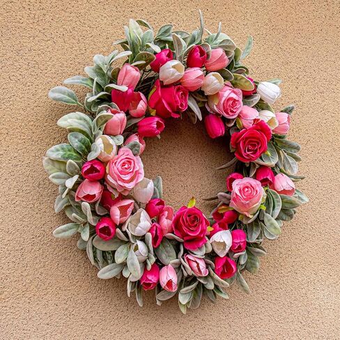 Yawwind 20 Inches Summer Wreath for Front Door Farmhouse Summer Door Wreaths Elegant Spring Floral Wreath with Tulips Rose Flocked Lambs Ear for Wall Window Porch Indoor Decor in Saudi Arabia