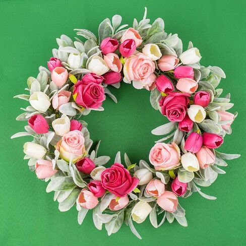 Yawwind 20 Inches Summer Wreath for Front Door Farmhouse Summer Door Wreaths Elegant Spring Floral Wreath with Tulips Rose Flocked Lambs Ear for Wall Window Porch Indoor Decor in Saudi Arabia