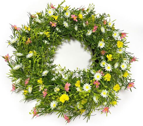 22" Spring Summer Wreath for Front Door, Artificial Floral Wreath with Pink Cosmos Yellow Chamomile White Daisies and Wild Grass, Indoor Outdoor Spring Summer Home Decor for Porch Window Wall in Saudi Arabia