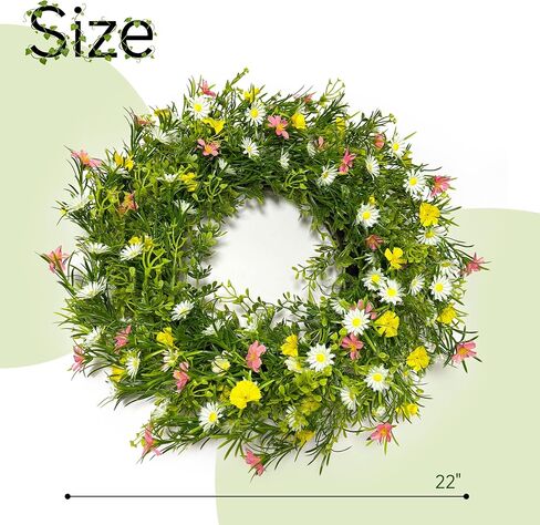 22" Spring Summer Wreath for Front Door, Artificial Floral Wreath with Pink Cosmos Yellow Chamomile White Daisies and Wild Grass, Indoor Outdoor Spring Summer Home Decor for Porch Window Wall in Saudi Arabia