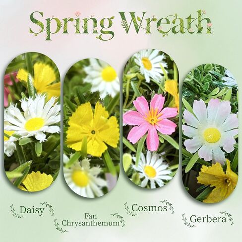 22" Spring Summer Wreath for Front Door, Artificial Floral Wreath with Pink Cosmos Yellow Chamomile White Daisies and Wild Grass, Indoor Outdoor Spring Summer Home Decor for Porch Window Wall in Saudi Arabia